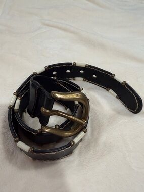 Vintage Black Leather Belt with Gold and Beige Accent Beads